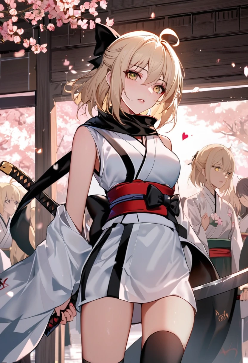 Stay calm, One girl, Okita_Souji_(fine), Okita_Souji_(This ace), 一人in, arms, sword, Japanese_Clothes, Knee socks, cherry_Flowers Bloom, scarf, chest, kinana, bow, Side bust, blonde_hair, short_kimono, kimono, hair_bow, Looking_in_Audience, short_hair, Ahoge, Butt, sheinh, black_Knee socks, black_scarf, Moderate_chest, black_bow, sash, Broke up_lips, Holding, yellow_eye, Holding_arms, arm_security guard, petal, Holding_sword, just_shoulder, heart, sheinhed, Outdoor, wood, white_kimono, No sleeve