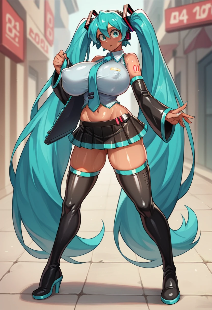 masterpiece, high quality, detailed eyes,
1girl, (hatsune miku:1.1), aqua hair, aqua eyes, ( huge breasts:1.0), glistened skin ,tall, leggy,long legs,dark skin,oiled skin, shiny skin, navel, skirt, shirt, tie, public, thigh high boots, erect nipples