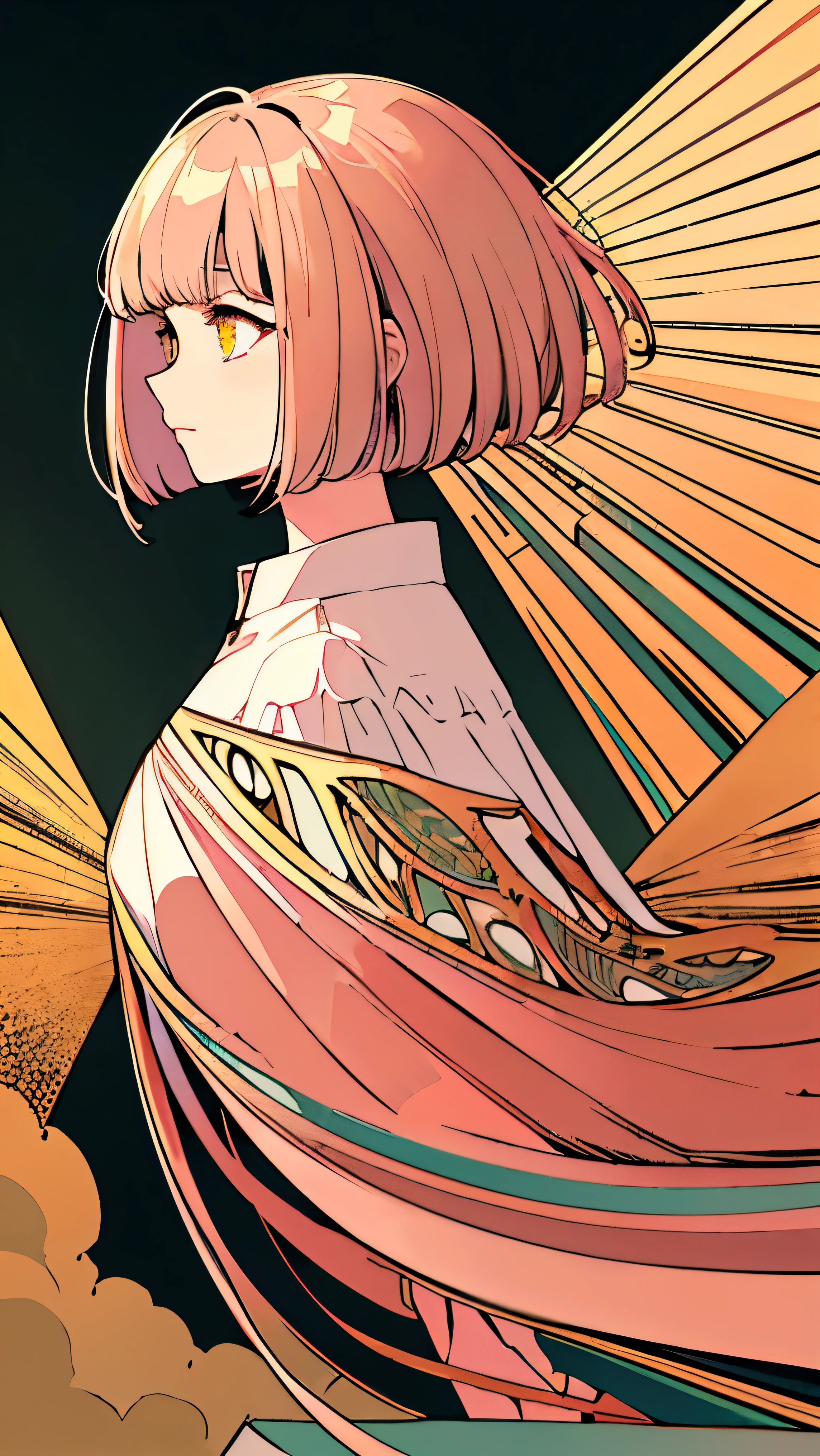 art nouveau. In 8K、Large file size、Intricate details, Better Quality, One girl, young, high resolution、Yellow Eyes、 Pink gold short bob、Bangs above the eyebrows、Short bangs、 alone, Full Body Capture, profile, Outdoor, heaven,