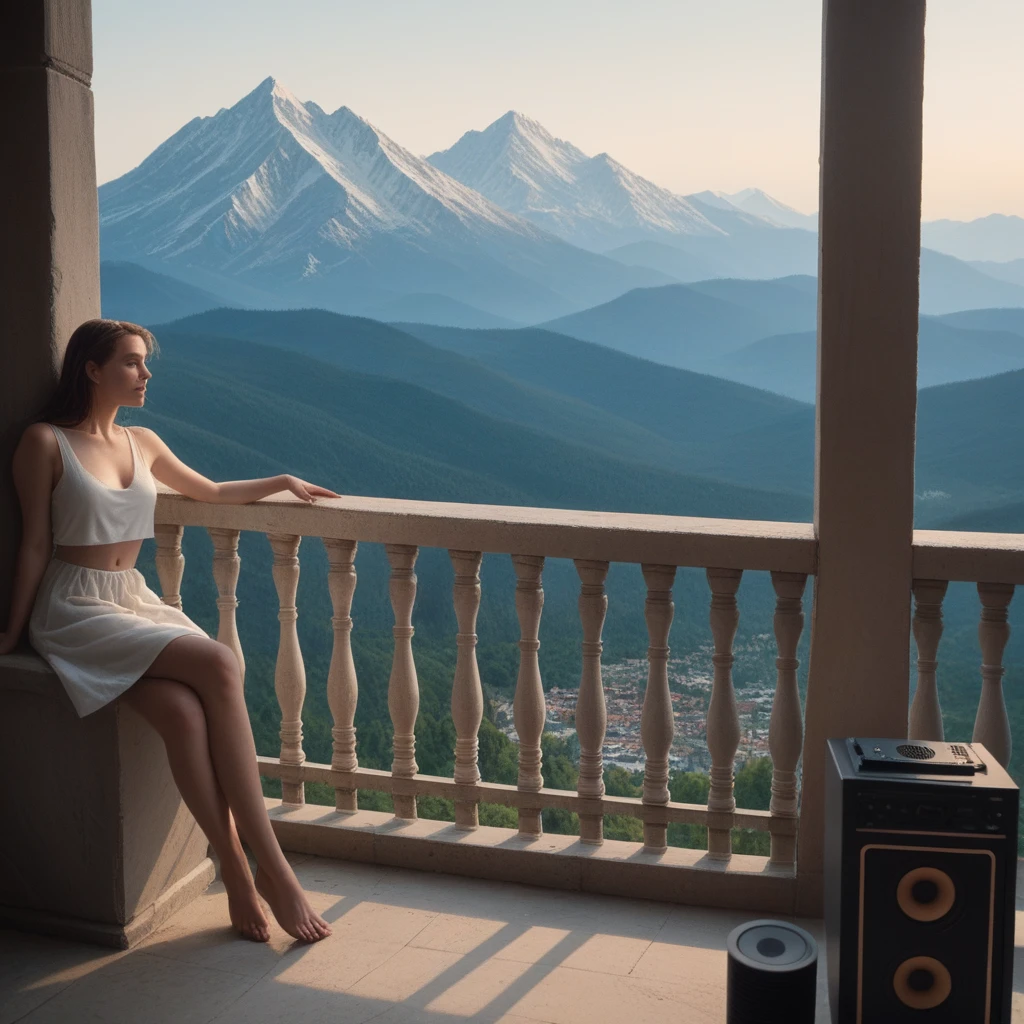 there are two speakers sitting on a balcony overlooking the mountains, 4K cinematic panoramic view, Cinematic Golden Hour, atmospheric cool colorgrade, 8K film composition, rich cinematic atmosphere, Atmospheric cold color - Degree, lofi art style, atmospheric warm colorgrade, lofi colors, dream like atmosphere 8k, beautiful cinematography