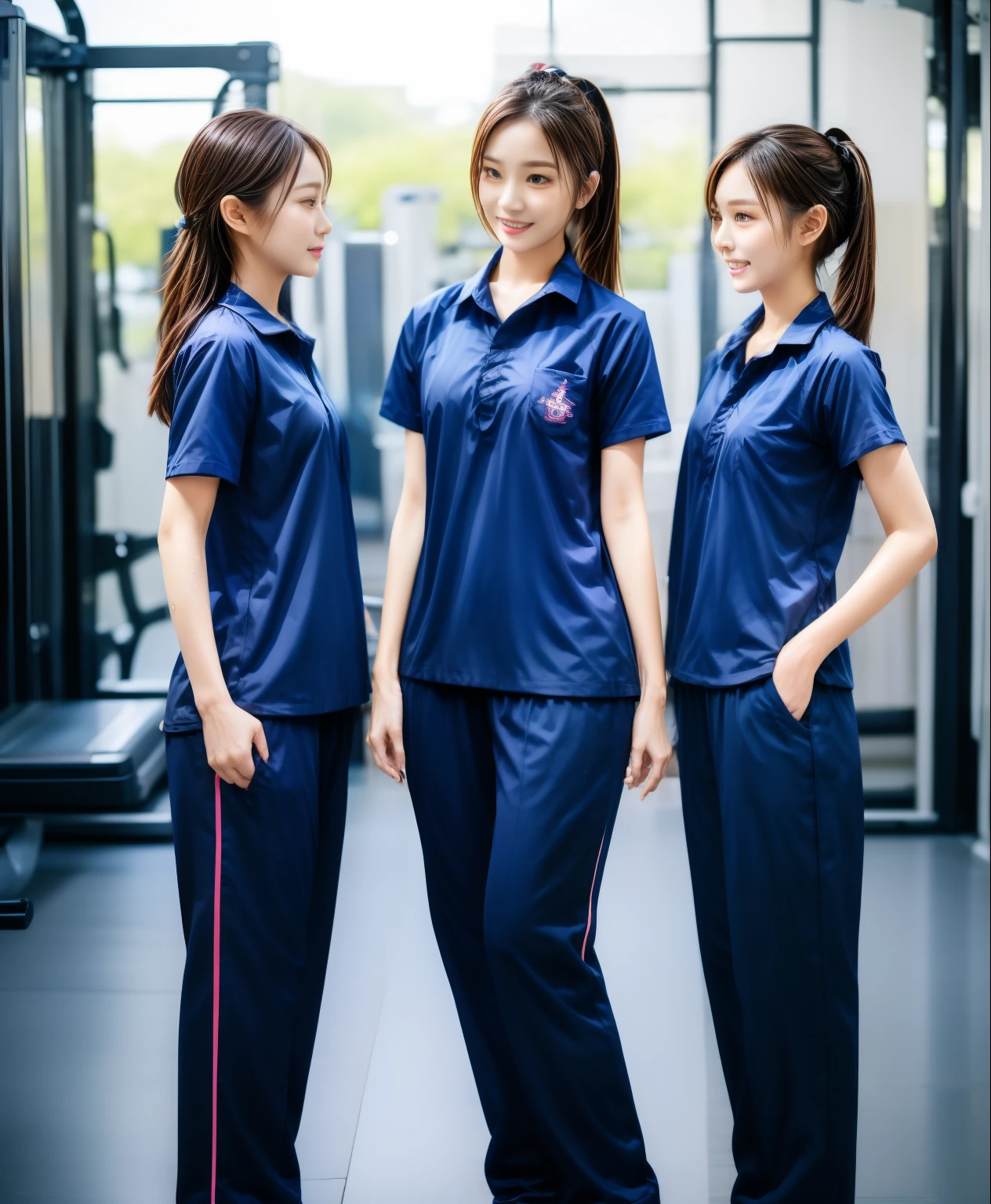 3 girls in fitness center, Navy blue short-sleeved shirt,Navy Long Trackpant,Sweatpants, Sweatpantsขายาว,25 year old girl, lesbian, sexy, exercise clothes, wet body, exercise clothes