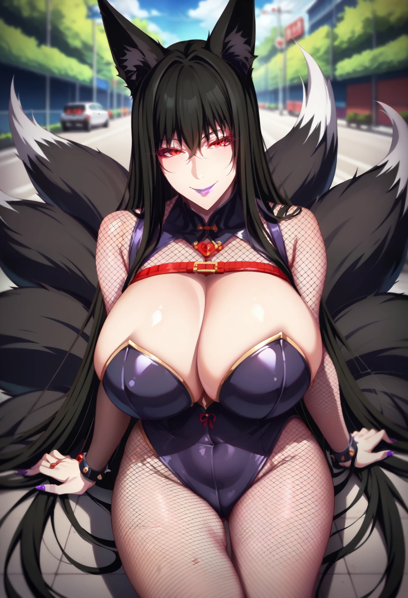 score_9, score_8_up, score_7_up, source_anime, masterpiece, best quality, extremely detailed, 1girl, milf, solo, enigma, (huge breasts:1.1), ((((black hair), very long hair, red eyes, fox ears, black fox tail, four tails))), purple lips, (((fishnet, bodystocking)), ((naughty smile), closed mouth), ((street))