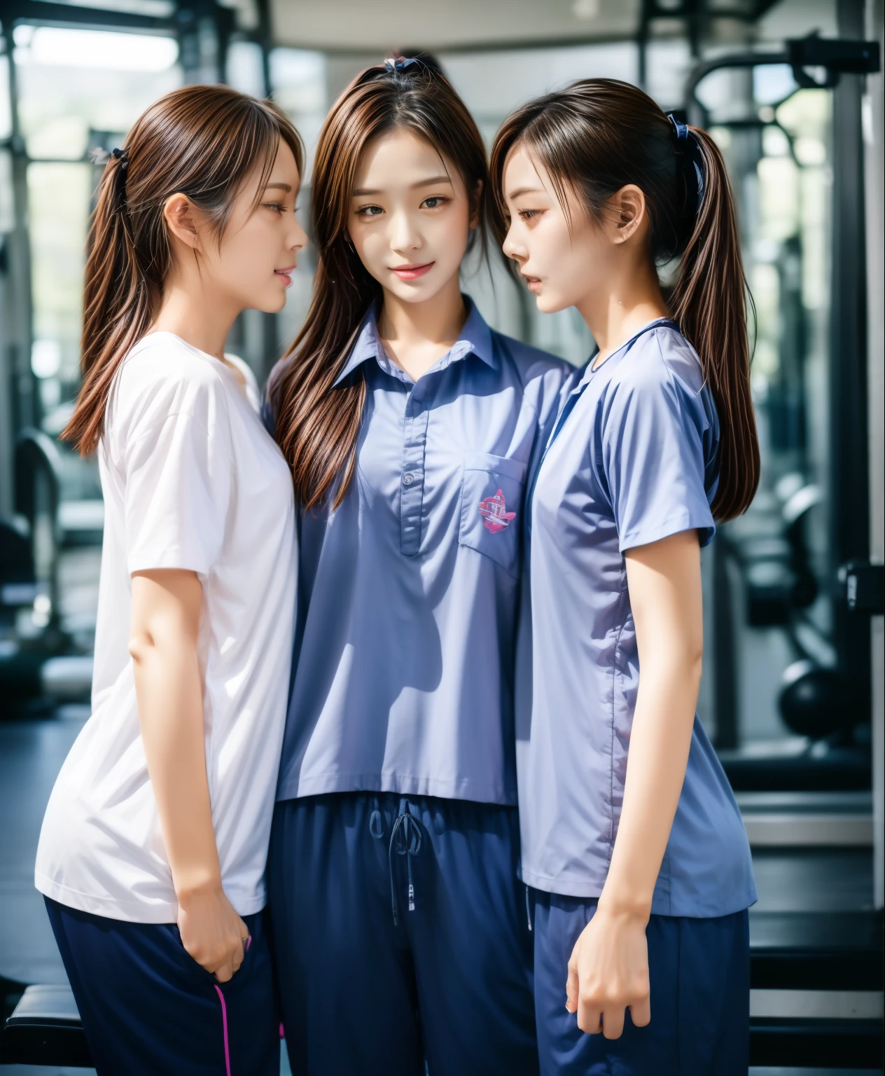 3 girls in fitness center, Navy blue short-sleeved shirt,Navy Long Trackpant,Sweatpants, Sweatpantsขายาว,25 year old girl, lesbian, sexy, exercise clothes, wet body, exercise clothes