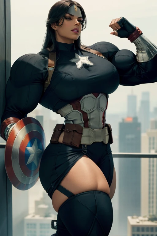 (((Close-up))), tall, (black hair) beautiful muscular woman, long straight hair, light brown skinned, (closed smile), large breast, (black lipstick), (massive muscles), (hyper muscle), ((ginormous bulky muscles)), orange eyes, (((black captain America suit))), (Captain America pants), choker, boots, on the rooftop at night,