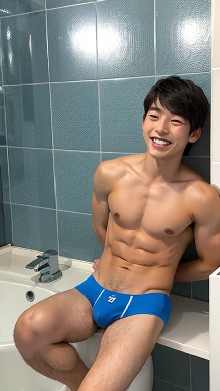 Japanese men、、Muscles and smooth skin、Swimmers、Short black hair、Relaxed and friendly smile、Metallic blue thin boxer briefs、The whole body is visible、Laughing with your mouth open、