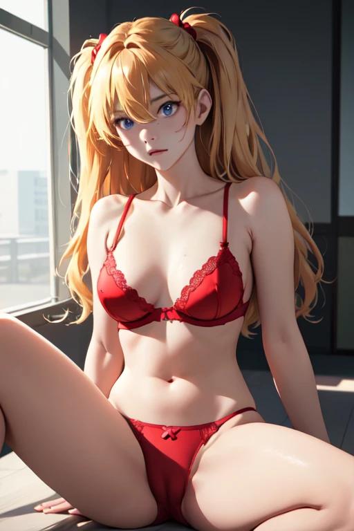 (masterpiece, best quality), 1girl, beautiful face, beautiful body, souryuu_asuka_langley, hair between eyes, solo, bright expression, natural small round breast, cleavage, slim, thin, tall, blonde reflected light, red bra, red underwear, collarbone, silky shiny skin, see through nipple, high resolution, perfect detailed anatomy, perfect arms, perfect fingers, navel, spread legs, soft light