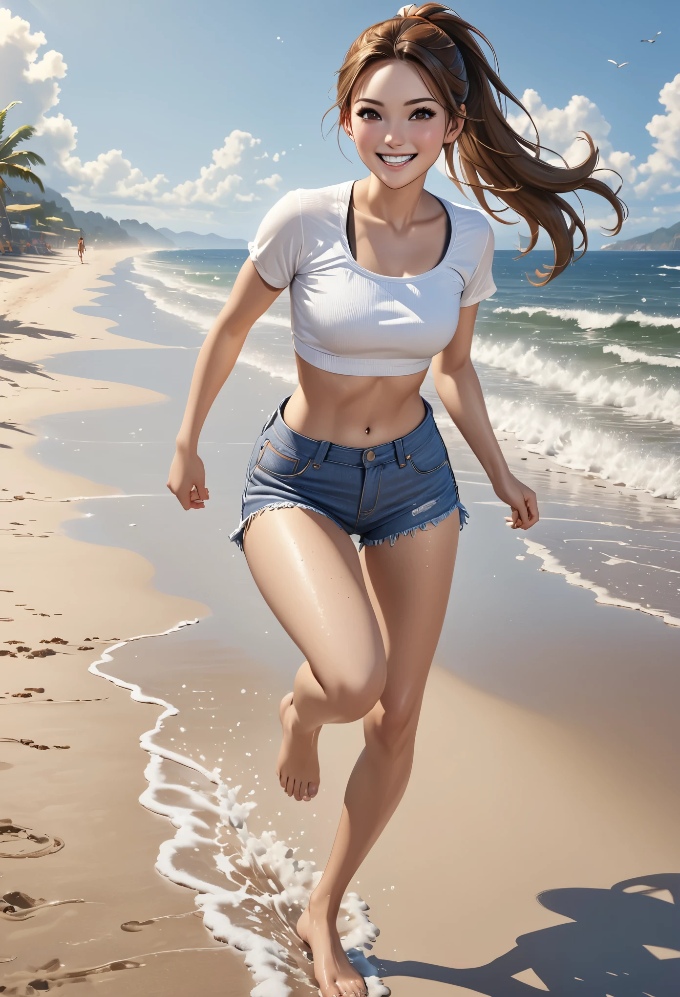 (young woman:1.5), (she wears waist-high denim shorts and a white crop top), (barefoot:1.4), long brown hair with ponytail, brown eyes, (cheeky smilie), detailed skin texture, (realistic skin pores, skin impurities:1.4), running on a beach, 24k resolution, highly detailed, (natural front light:0.5), (full body shot:1.3), (realistic style:1.5)