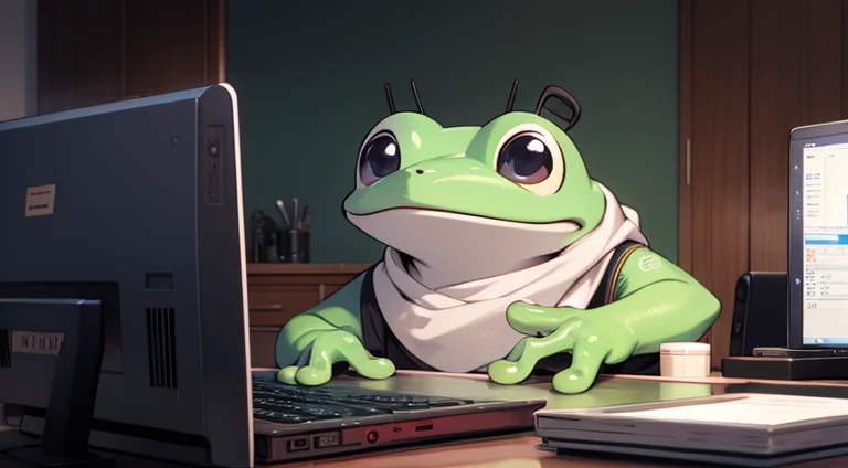 Animals working on a computer　The body is human　The face is a real frog　1 male　Asagao&#39;s bright computer room illustration high resolution
