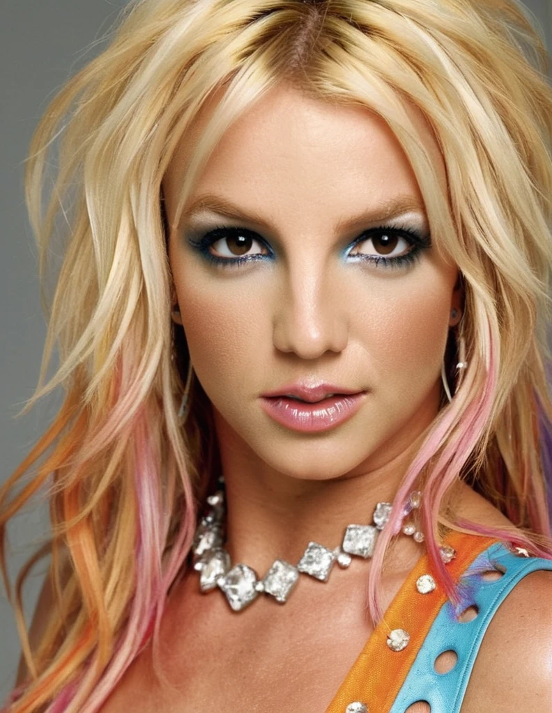 Britney Spears with colorful hair and makeup posing for a photo, Creative ColorFull - Maquiagem, vibrant fantasy style, creative makeup, two tone hair dye, colorful rave makeup, high colored texture, dramatic hair color, fierce gaze e selvagem, vibrant pastel colors, fierce gaze, Linda, orange and blue tones, fantasy portrait, best qualityer, realisitic, realisitic, award-winning illustration, (Highly detailed face and skin texture), (fully body), (Complicated Detail: 1.2), (finely detail), (Complicated Detail), (Cinematic Lights, luz de fundo de best qualityer), Sharp lines, sharp focus, offcial art, unity 8k wallpaper , ultra realisitic, muito realisitic, absurdrez, inacreditavelmente realisitic absurdo, huge filesize,  ultra- real, realist art, RTX,((Closing-up photo by award-winning studio)), , (Shut your mouth), , perfect hands, beautiful detailed eyes, face perfect, perfectbody, detalhes ultra realisitic.