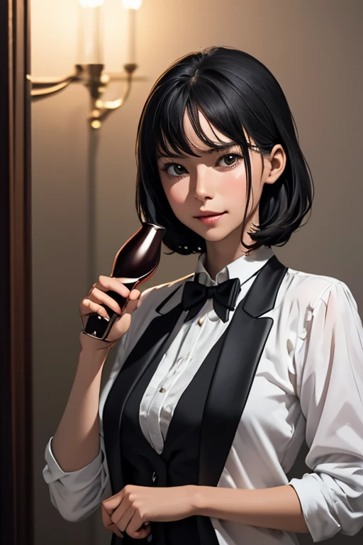 Highest quality High resolution simplification French Restaurant Sommelier cute girl Holding a wine bottle in one hand Hold a cloth in one hand Black tailcoat Black Suit A bow tie