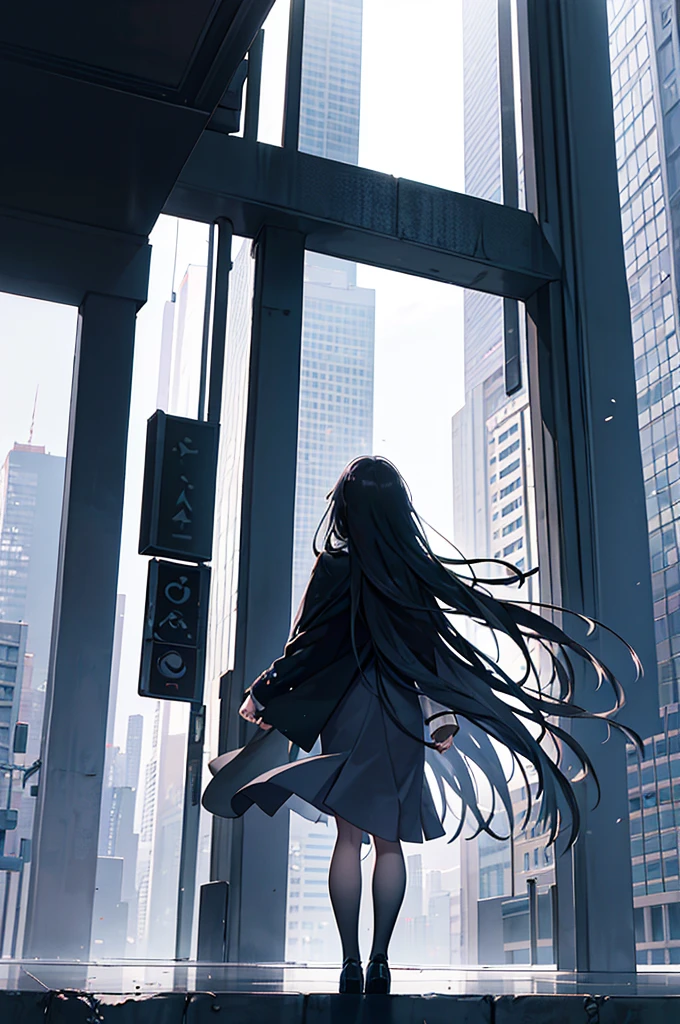 In the city of shibuya,skyscrapers pierce the sky, The main subject of this image is a lone 20years lady standing and looking up, on the center of countless buildings,from the knees up, their backview stark against In very strong sunlight and headwind. The image is rendered in exquisite detail, each shadow and highlight expertly crafted to create a sense of depth and movementl, Sprinkle white lines all over.showcasing the intricacies of the cityscape in front. The girl is cloaked in a business style, facing the other way, standing on his dignity. The scene drawing the viewer strengthen the soul.