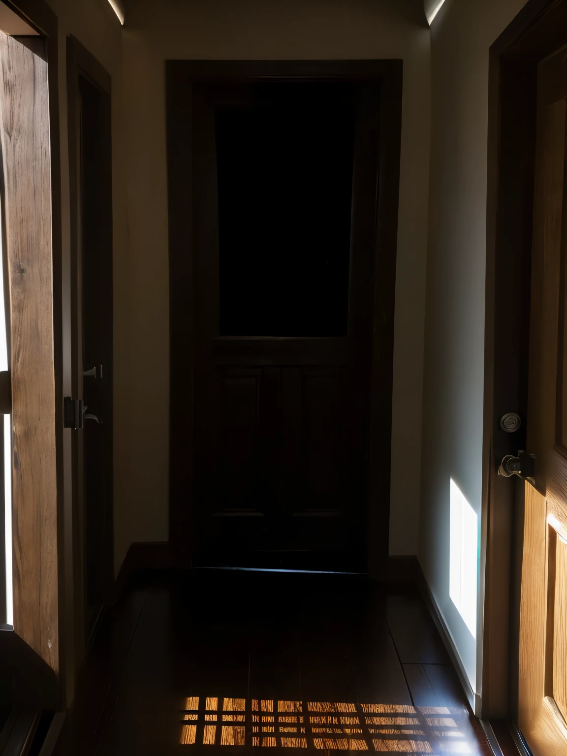 (masterpiece:1.2, best quality:1.2), (1girl), professional lightings, cinematic lightings, 8k wallpaper, (((1 door))), indoor, (((view the door from outside of attic room, a little bit opened door:1.1, wooden floor, a shaft of light from the bit rack opened by the door:1.3, a narrow beam of light from the bit rack opened by the door:1.3))), (((dark atmosphere, lights off & dark hallway))), close up angle, zoom up angle,