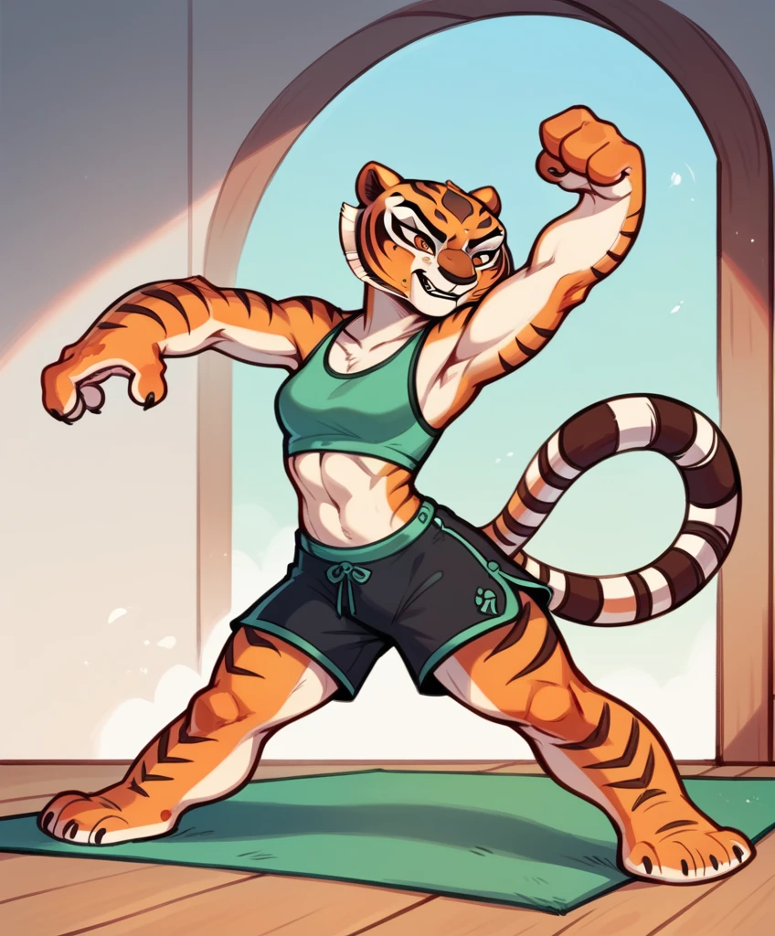Kung Fu Panda, Master Tigress, Pose, Yoga, wearing black shorts, sexy body, cyberspace setting,