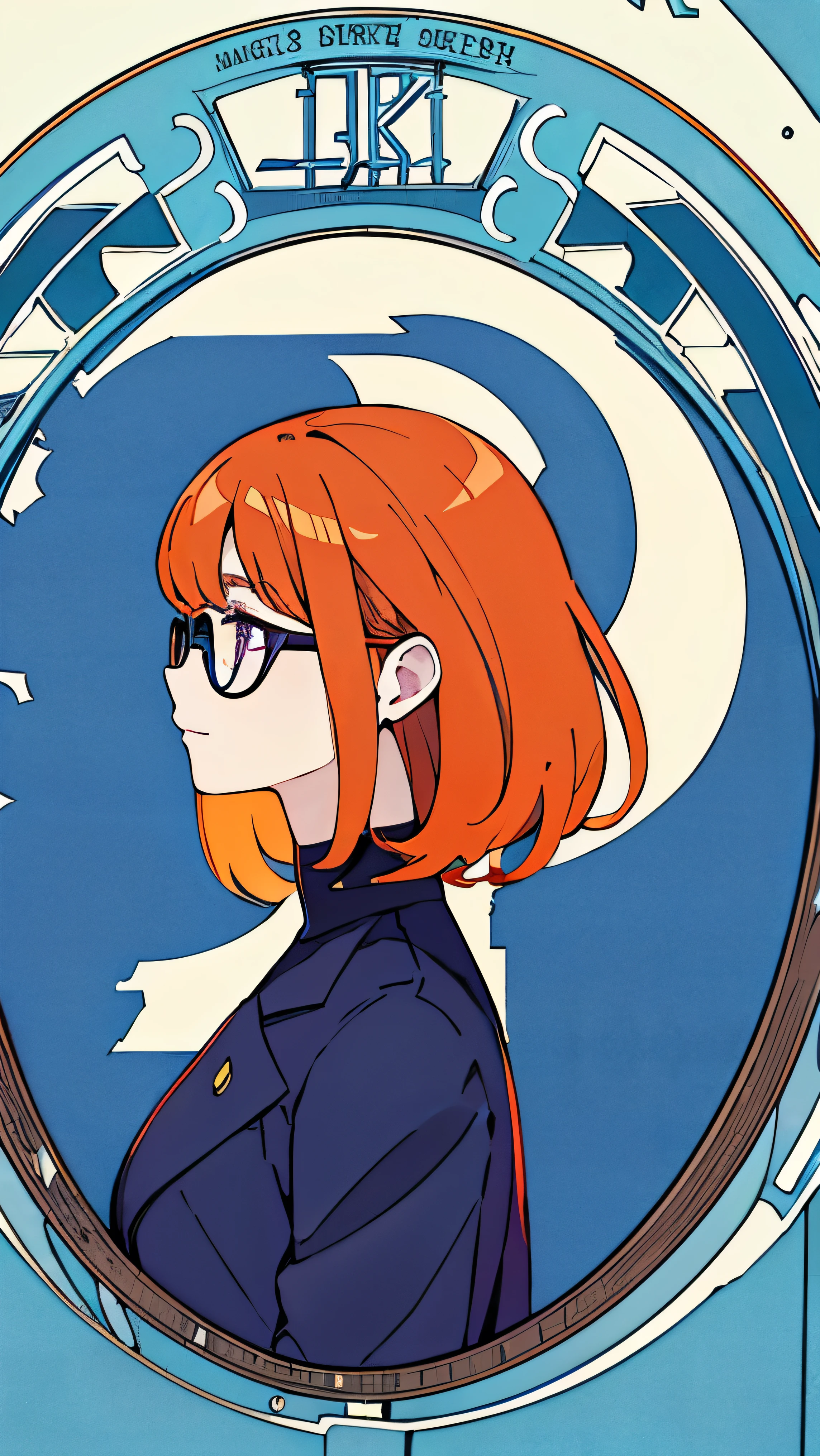 art nouveau. In 8K、Large file size、Intricate details, Better Quality, One girl, young, high resolution、Purple eyes、 Short hairstyle、straight short、Orange Hair、Cute Girl、Wearing glasses、 alone, Full Body Capture, profile, Outdoor, heaven,