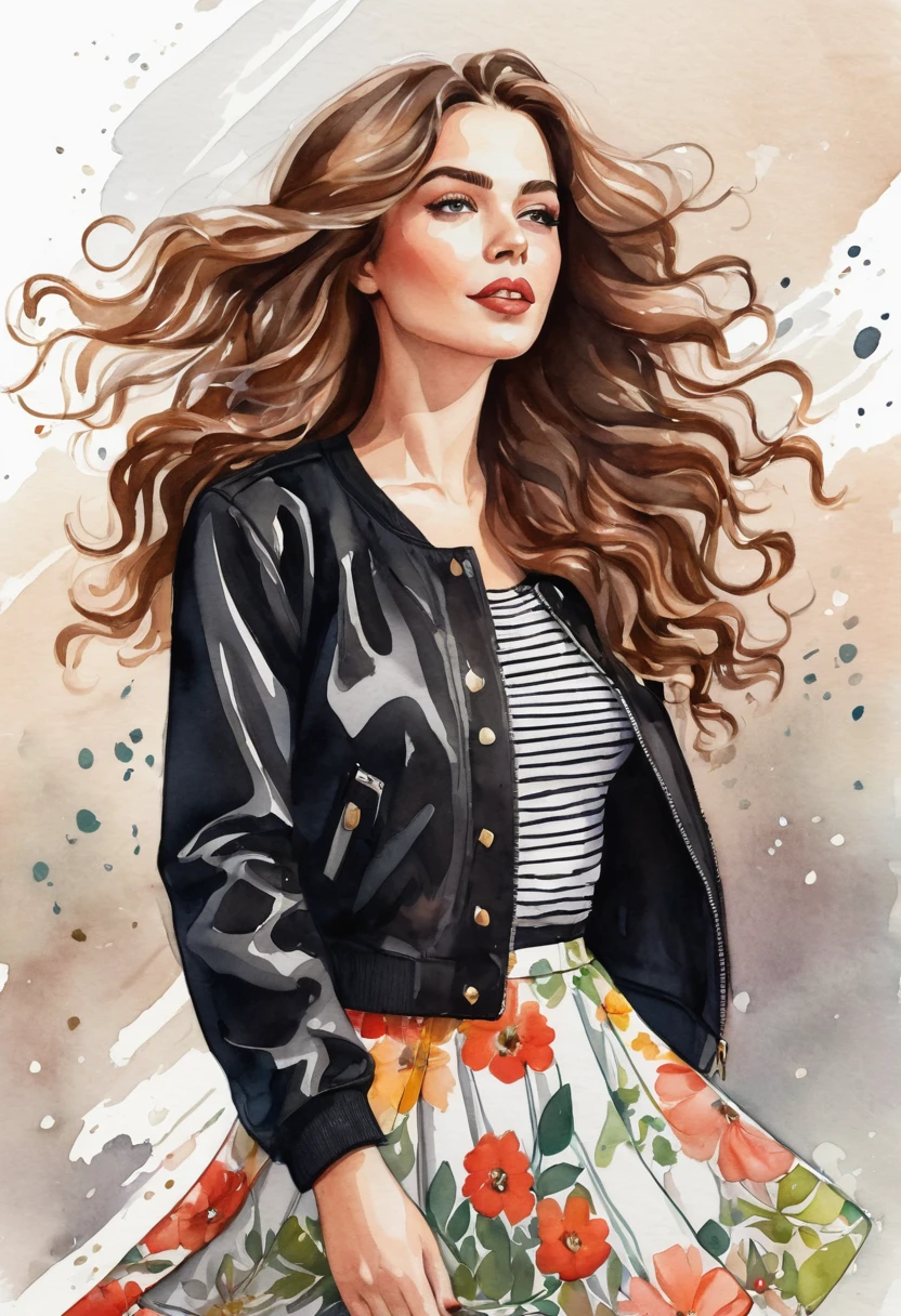 watercolor illustration, centered art. The image features a charming russian woman with long, curly brown hair blowing in the wind, she is in a cartoon style, looking at the camera. She is dressed in a black jacket and floral skirt, with a striped blouse underneath, adding a splash of color to her look. A white flower adorns her head, complementing her look. She is standing against a white background. by Teagan White