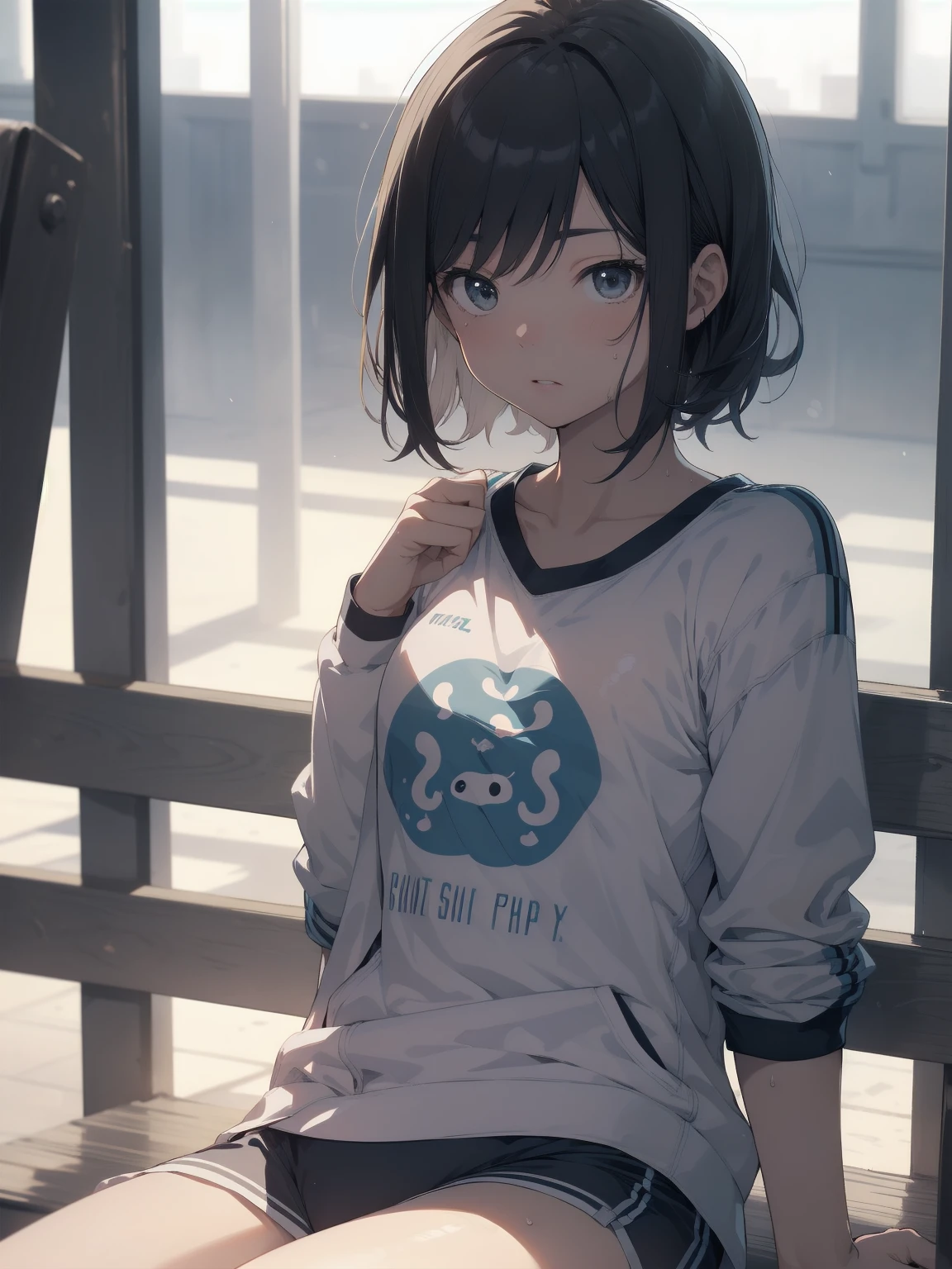 ultra-absurdres-Top quality by artist God, ultra-detailed, high resolution, anime moe artstyle, best anime 8k konachan wallpaper, pixiv contest winner, pool:2810, perfect anatomy,break, 1girl, (Please draw a girl sitting sleepily on bed. )break,(Solo,little female, -yeld:1.Full limbs, complete fingers,a junior hihort hair), short cut, Soft flat chest,groin, small butt, small black eyes, beautiful detailed eyes, well-proportioned iris and pupils, expressive eyes, highres detailed hair, sweat, soft expression, gym uniform, gym shorts, Soft thighs,(Detailed Lighting), (Detailed background), in the bedroom. break,super detailed skin, shiny skin, Best sexuall lighting powered by famous artist, 8k,beauty illustration,photoshop_(medium),very aesthetic,break,((artist:fujima_takuya )), artist:clamp ,artist:carnelian ,artist:kantoku ,
