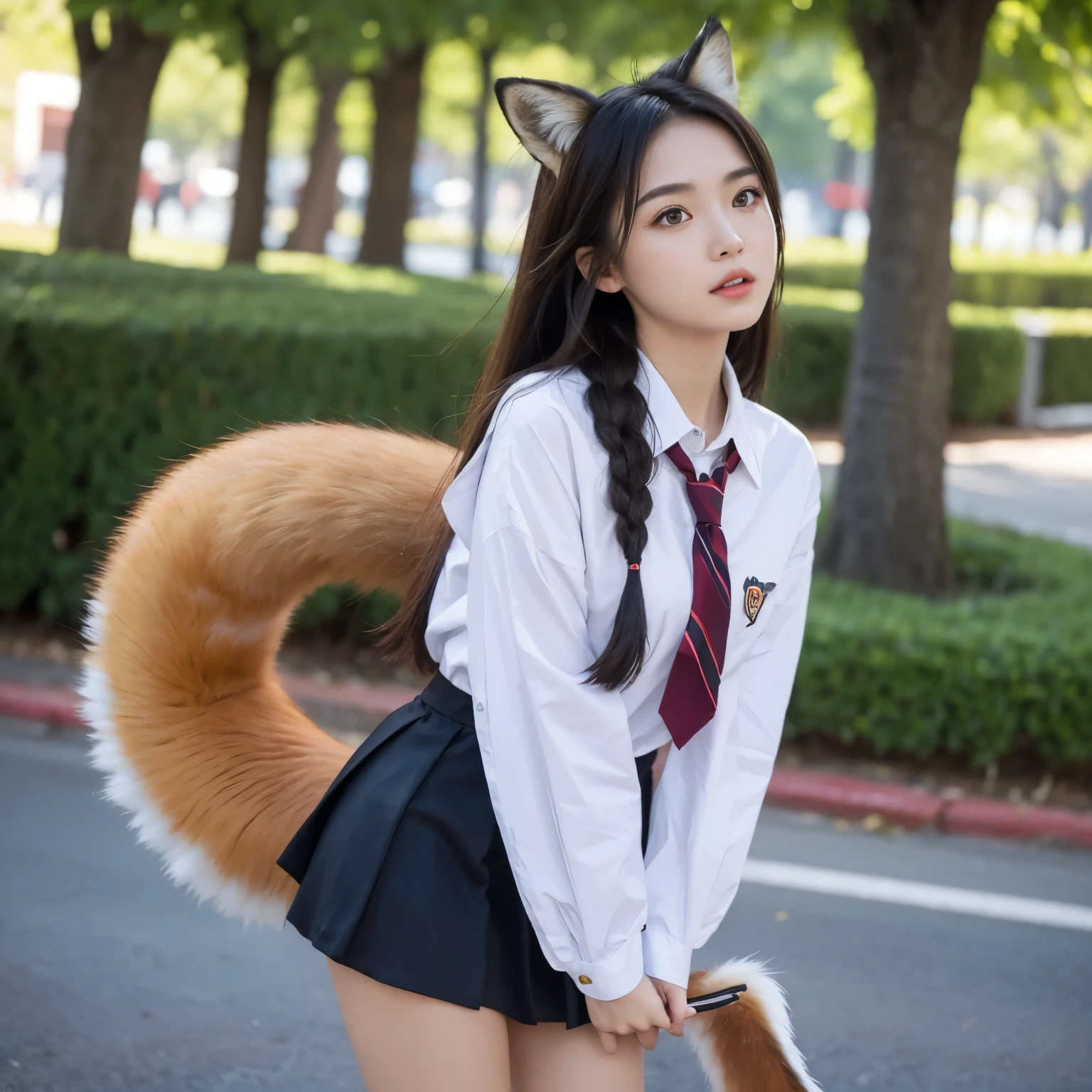 ((Highest quality)), ((masterpiece)), (Get used to it), Perfect Face, Fox Girl, Beautiful woman, public, Female college student, uniform, She has a fox tail inside her skirt, She hides her fox tail in her skirt, Her skirt is flipped up, exposing her fox tail:1.6, She has a bushy fox tail, Troubled face, She turns around and is surprised to see a tail sticking out from under her skirt.