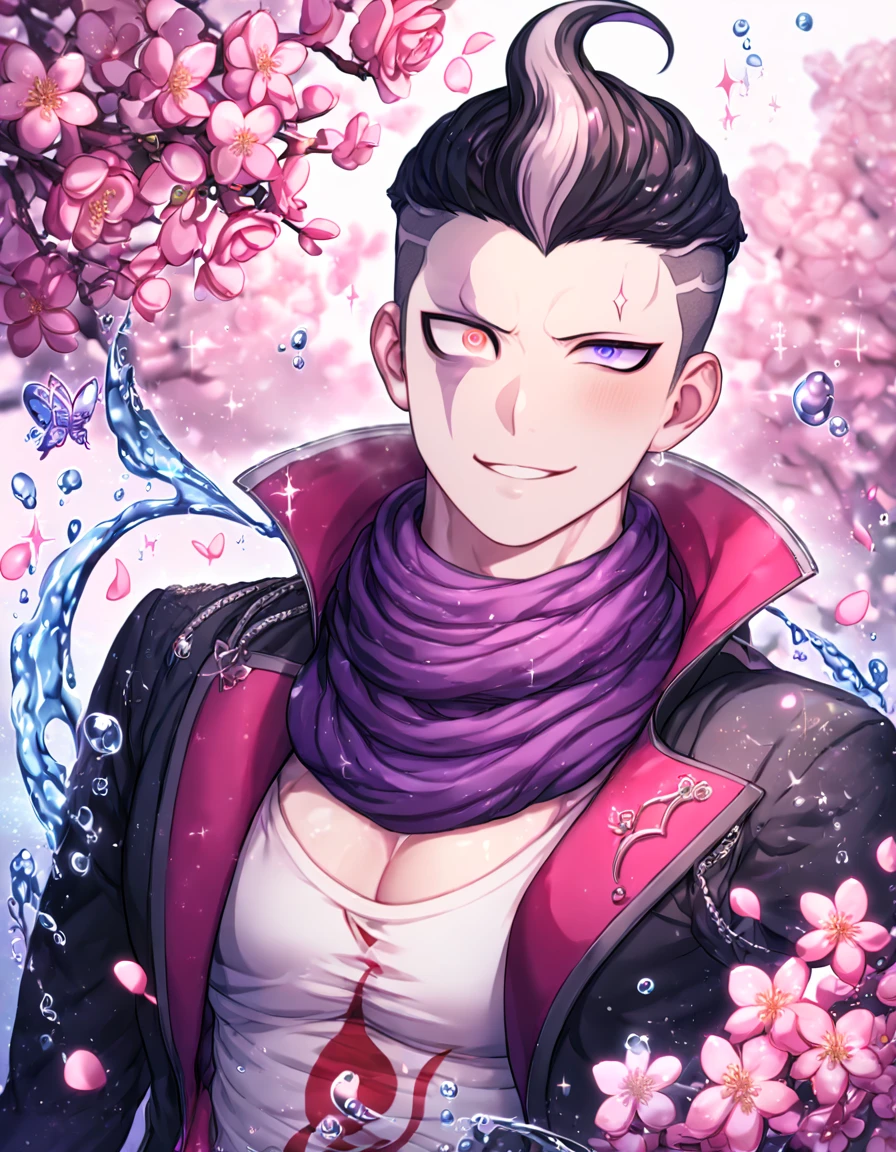 absurdres, highres, ultra detailed, HDR, master piece, best quality, Tanaka Gundham, black hair, heterochromia, right eye is red, left eye is gray, Danganronpa 2, solo, sexy man, handsome, sensual, horny, smile, black coat, white shirt, purple scarf, water, fantasy, magical, shining, pink flowers, pink blossoms, pink petals, pink butterflies, sparkling glass