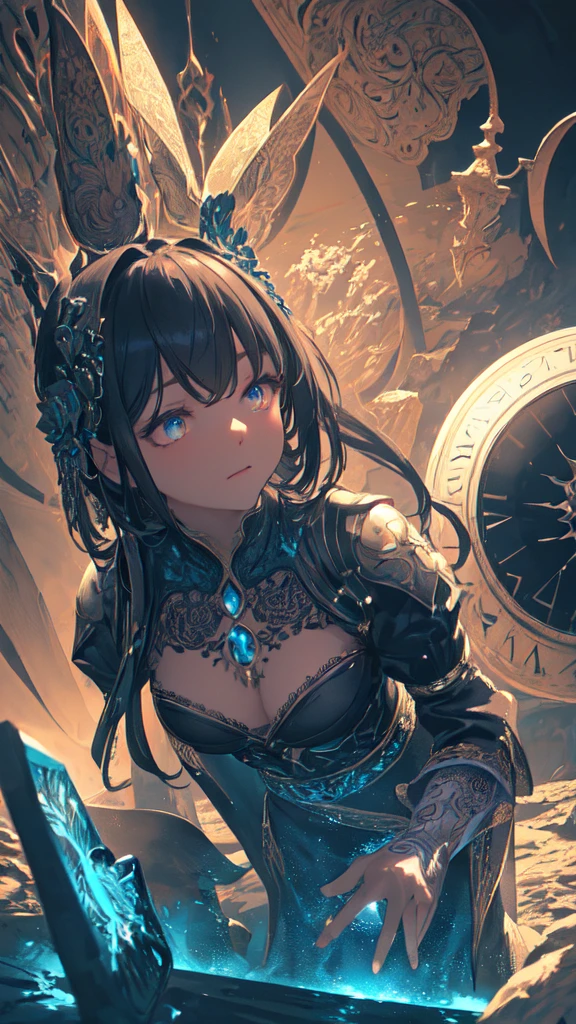 (masterpiece, Highest quality, Very detailed, Best Shadow), (Detailed Background,Dark fantasy), (Beautifully detailed landscapes), High Contrast, (Best lighting, Very delicate and beautiful), ((Cinematic Light)), colorful, Hyper Detail, Dramatic Light, Intricate details, Dynamic Angle), Black light swirling around, Depth of written boundary,black light particles,(Broken glass),magic circle,water,huge clocks,zero,the sun and the moon,Landscape only,There are no people,Watch Center,A clock sinking in water,Blue glowing light