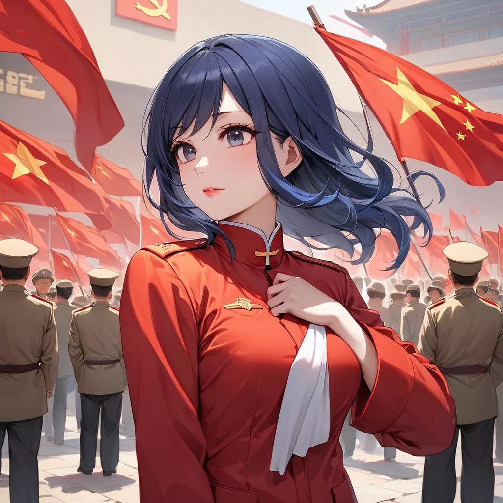 ((Highest quality)), ((masterpiece)), (detailed), (Perfect Face)、The woman is a Chinese woman named Akane Kurokawa. She has medium-long blue hair and is wearing an engagement ring. She is a member of the glorious Chinese Communist Party and has sworn absolute loyalty to the Chinese Communist Party. She is a righteous Communist Party member of China.、The woman is wearing the khaki Mao suit of the Chinese Communist Party.、For the sake of China, their hairstyles, clothes, and everything they wear are all Chinese Communist Party items, and their thoughts are also Chinese, becoming great Chinese in body and mind.、The woman became Akane Kurokawa, a Chinese woman who is proud of China, loves it and devotes herself to it.、She is serving China as a member of the great Communist Party of China.、She is a beautiful, respectable and exemplary Communist.