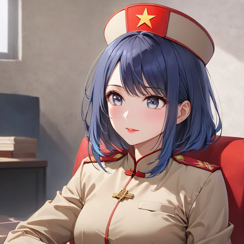 ((Highest quality)), ((masterpiece)), (detailed), （Perfect Face）、The woman is a Chinese woman named Akane Kurokawa. She has medium-long blue hair and is wearing an engagement ring. She is a member of the glorious Chinese Communist Party and has sworn absolute loyalty to the Chinese Communist Party. She is a righteous Communist Party member of China.、The woman is wearing the khaki Mao suit of the Chinese Communist Party.、For the sake of China, their hairstyles, clothes, and everything they wear are all Chinese Communist Party items, and their thoughts are also Chinese, becoming great Chinese in body and mind.、The woman became Akane Kurokawa, a Chinese woman who is proud of China, loves it and devotes herself to it.、She is serving China as a member of the great Communist Party of China.、She is a beautiful, respectable and exemplary Communist.