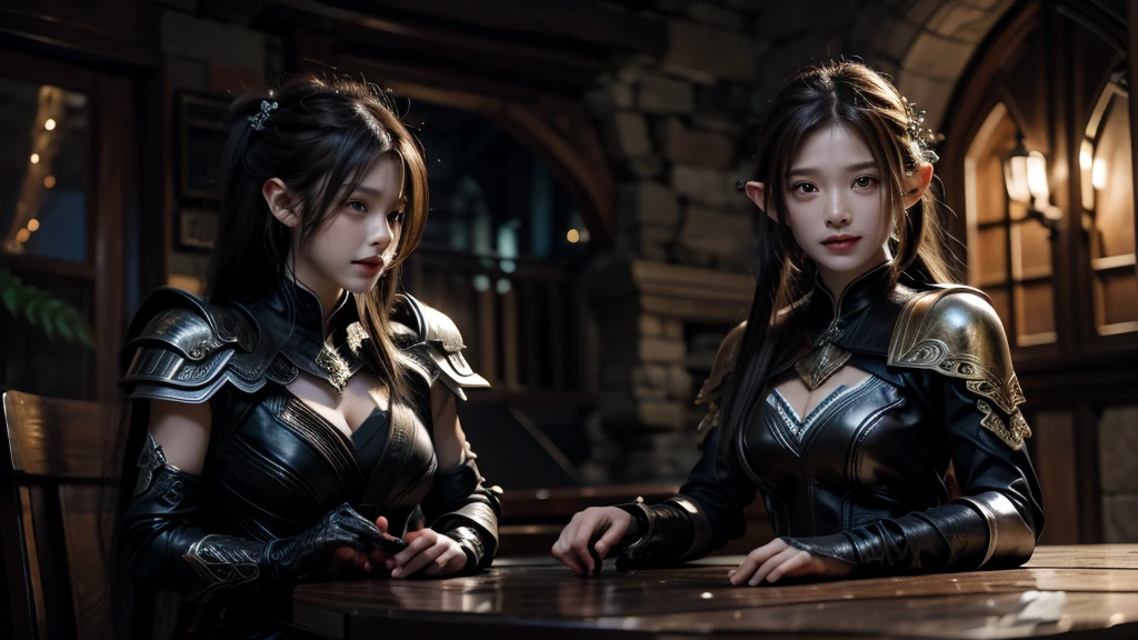 masterpiece, rest, best quality, Very detailed, Super real, 16K, high resolution, Bistro,(individual),Beautiful female elf,Openwork leather armor,回声 is sitting in a tavern, Smiling Face,Relax,Soft lighting