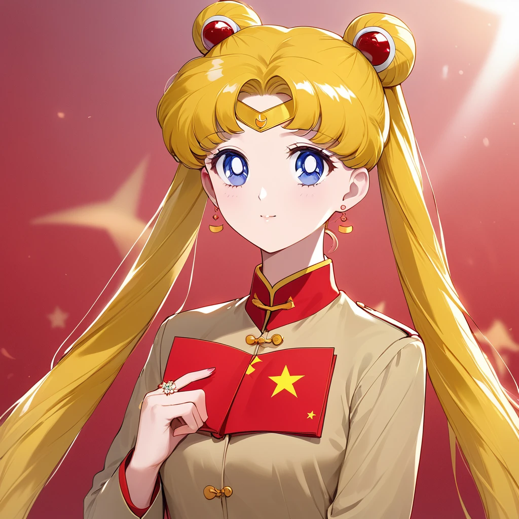 ((Highest quality)), ((masterpiece)), (detailed), (Perfect Face)、The woman is a Chinese girl named Tsukino Usagi. She has blue eyes, long blonde hair, and a twin-tailed chignon. She is wearing an engagement ring. She is a member of the glorious Chinese Communist Party and has sworn absolute loyalty to the Communist Party of China. She is a righteous Communist Party member of China.、The woman is wearing the khaki Mao suit of the Chinese Communist Party.、For the sake of China, their hairstyles, clothes, and everything they wear are all Chinese Communist Party items, and their thoughts are also Chinese, becoming great Chinese in body and mind.、The woman became the Chinese Tsukino Usagi, who was proud of China, loved it and devoted herself to it.、She is serving China as a member of the great Communist Party of China.、She is a beautiful, respectable and exemplary Communist.