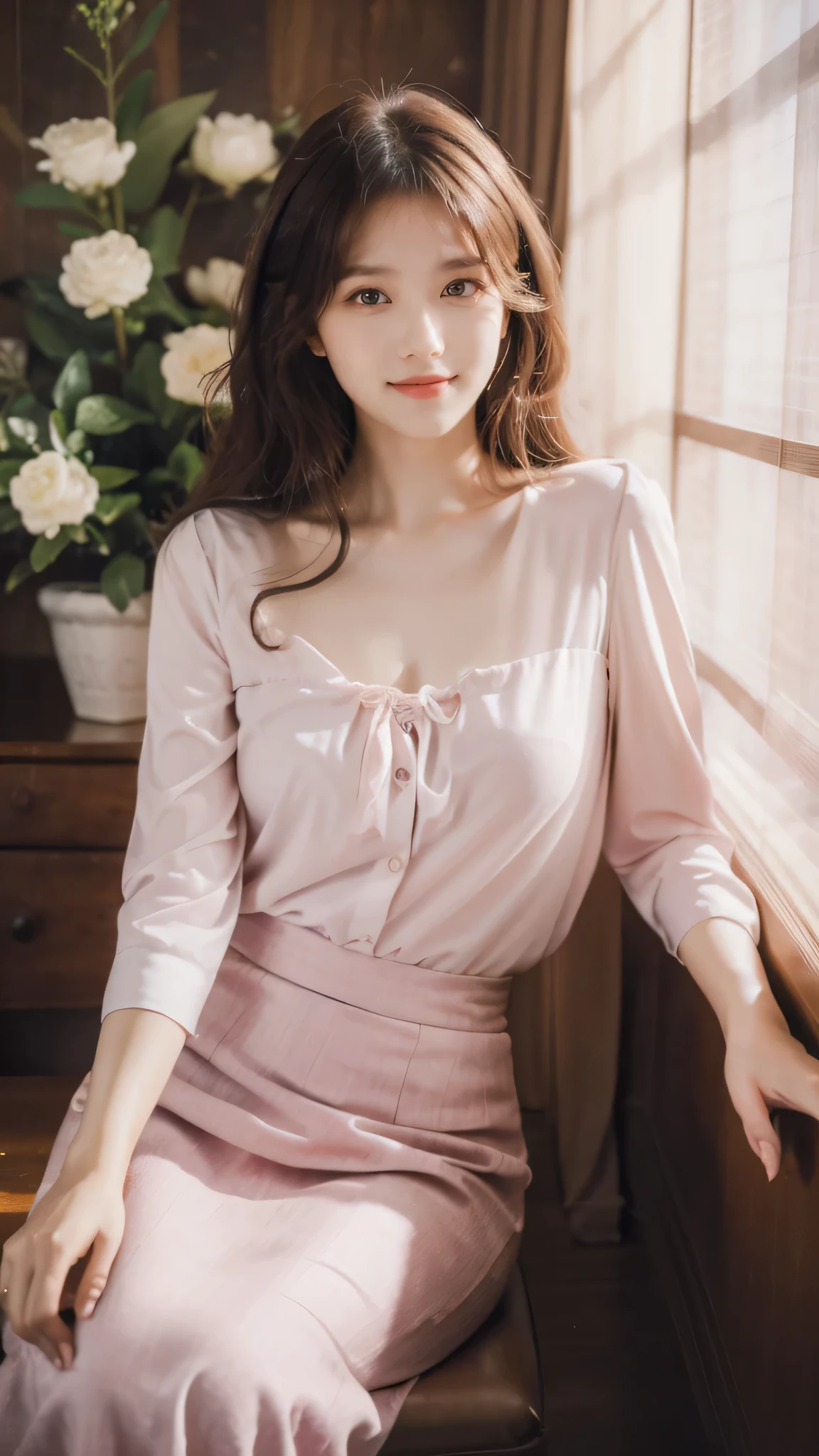 detailed background, masterpiece, best quality, 1 person , curly hair, long hair, purple eyes, star in eye, pink Strapless blouse, long skirt, sitting on dinning table.