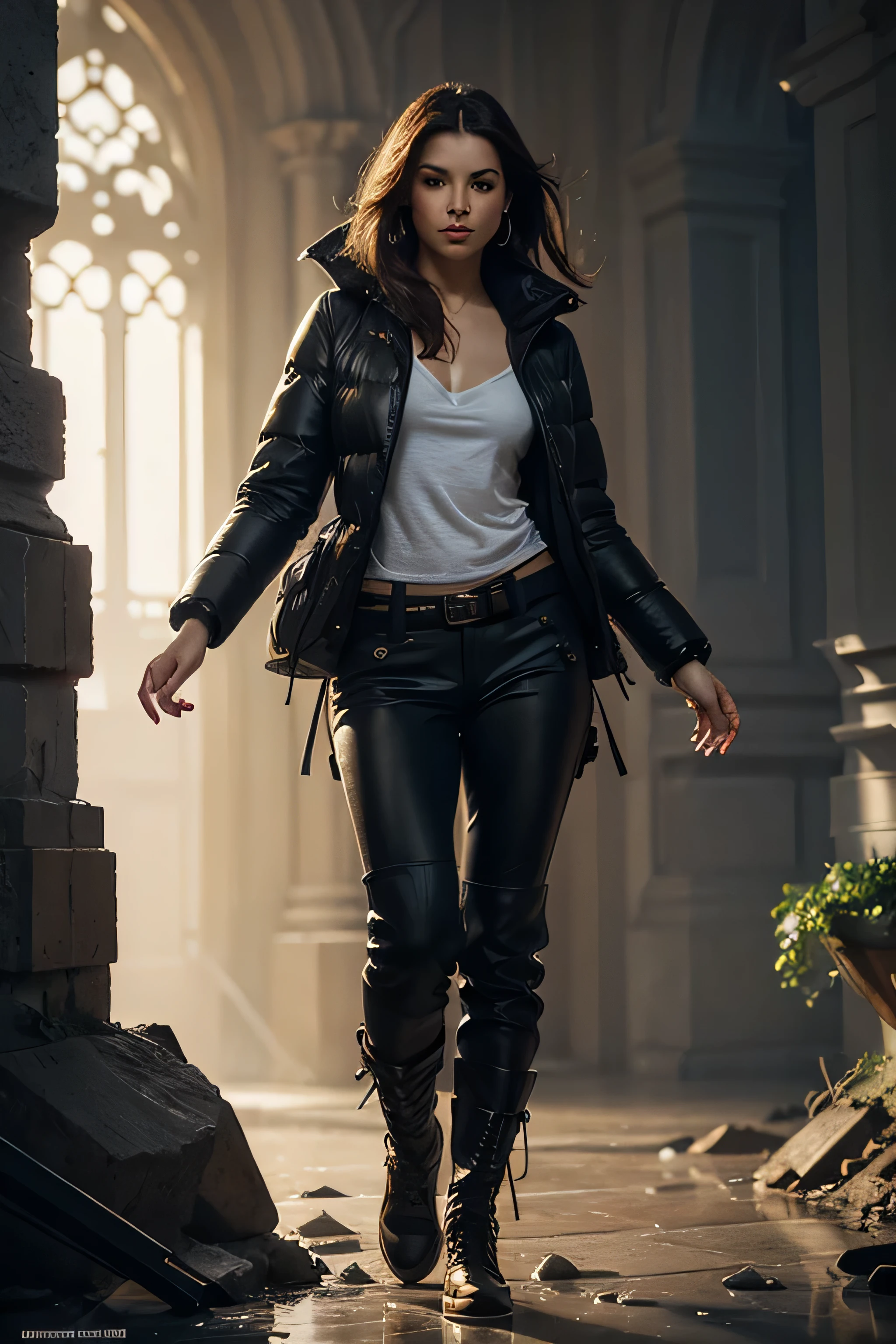 photorealism, full body, a young woman, puffer down jacket & pants, leather, beautiful realistic eyeantastic face, beautiful look, Michael Garmash, Daniel F Gerhartz, Storybook style, warm dreamy lighting, white background, volumetric lighting, pulp adventure style, fluid acrylic, dynamic gradients, vivid color, illustration, highly detailed vector curves, , smooth and clean, vector art, smooth, Johan Grenier, character design, 3d shading, cinematic, ornate patterns, elegant organic framing, hyperrealism, posterized, collection of masterpieces, lush vivid colors, twilight, wet gouache
