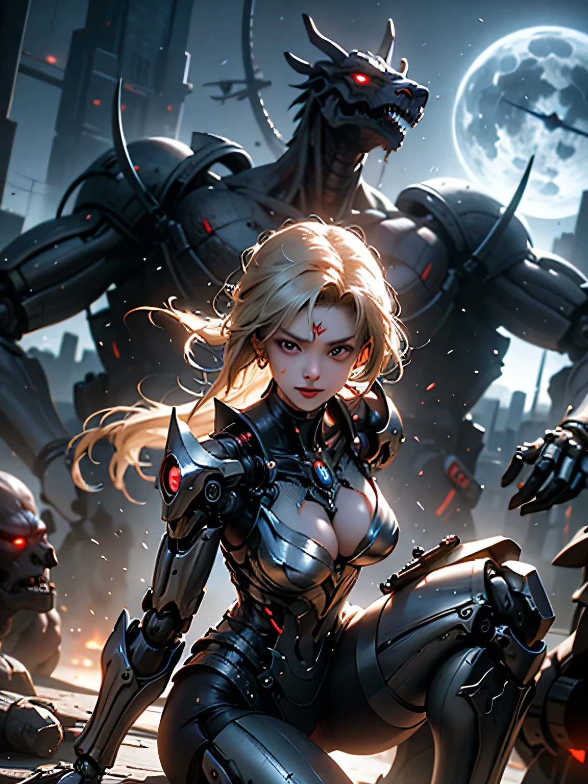 meishaonv, gun, mecha musume, magic circle, detailed cyberpunk cyborg girl,1girl,beautiful detailed eyes,beautiful detailed lips,extremely detailed face,long eyelashes,intricate machinery,chrome metal body parts,glowing neon accents,dramatic battle scene, futuristic cityscape background, hyperrealistic, cinematic composition, dramatic action pose, science fiction,award winning digital art,photorealistic,cinematic lighting,dramatic shadows,highly detailed,8k,masterpiece, Perfect Anatomy、Watching the audience、A confident smile、(A female warrior fighting against mechanical creatures:1.3)