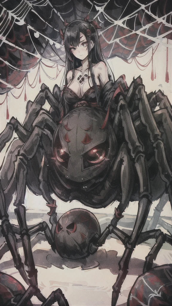 (Arachne: 1.5),
Master-piece, monster, solo, upper body bewitching beauty, lower body is a huge female spider, full body, kimono beauty, black hair straight, bangs snap, crimson lipstick, sink eyes, skull pattern on spider back, background is Japan castle, ruins, many spider webs, candlesticks, golden rays from the ceiling, skull, spider webs, high image quality, high definition, accurate drawing, detailed drawing,