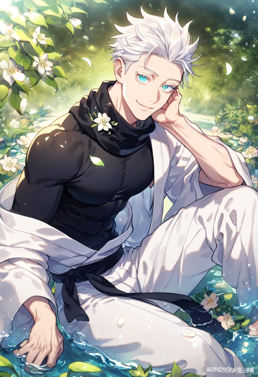Ultra detailed, HDR, Highres, absurdres, master piece, Gojou Satoru, white hair with bangs, slicked back hair, white eyelashes, expressive blue eyes, black scarf, black tight shirt, white haori, white baggy pants, Jujutsu Kaisen, sexy man sitting, handsome, flowers, petals, fantasy, magical, green leaves, summer, handsome, sensual, best quality, glittering, solo, manly man, horny, water, handsome smile,