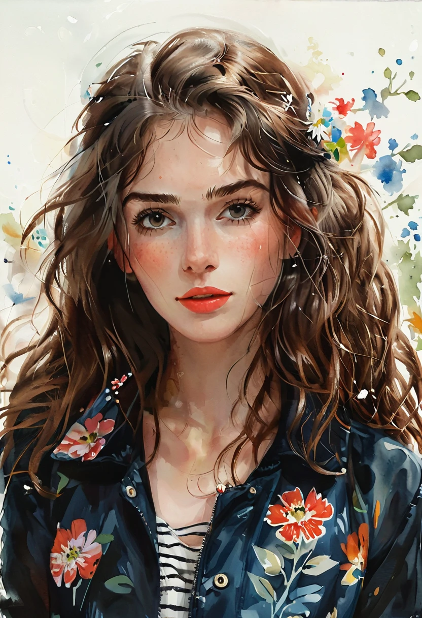 watercolor illustration, centered art. The image features a charming russian woman with long, curly brown hair blowing in the wind, she is in a cartoon style, looking at the camera. She is dressed in a black jacket and floral skirt, with a striped blouse underneath, adding a splash of color to her look. A white flower adorns her head, complementing her look. She is standing against a white background. by Teagan White