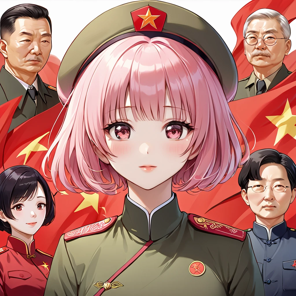 ((Highest quality)), ((masterpiece)), (detailed), (Perfect Face)、The woman is Chinese Momo Belia Deviluke, a Chinese woman with pink short bob hair and an engagement ring. She has become a member of the glorious Chinese Communist Party and swears absolute loyalty to the Chinese Communist Party. She is a righteous Communist Party member of China.、The woman is wearing the khaki Mao suit of the Chinese Communist Party.、For the sake of China, their hairstyles, clothes, and everything they wear are all Chinese Communist Party items, and their thoughts are also Chinese, becoming great Chinese in body and mind.、The woman became Momo Belia Deviluke, a Chinese woman who was proud of and loved China.、She is serving China as a member of the great Communist Party of China.、The woman is a beautiful, respectable and exemplary Communist Party member.