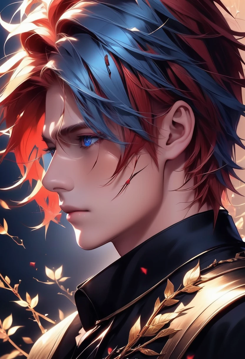 Imagine the side profile of an 18 y boy with short tousled red hair and blue round eyes with a straight nose, thin lips, long forehead tied up with black roses and thorns that imprisoned his body
