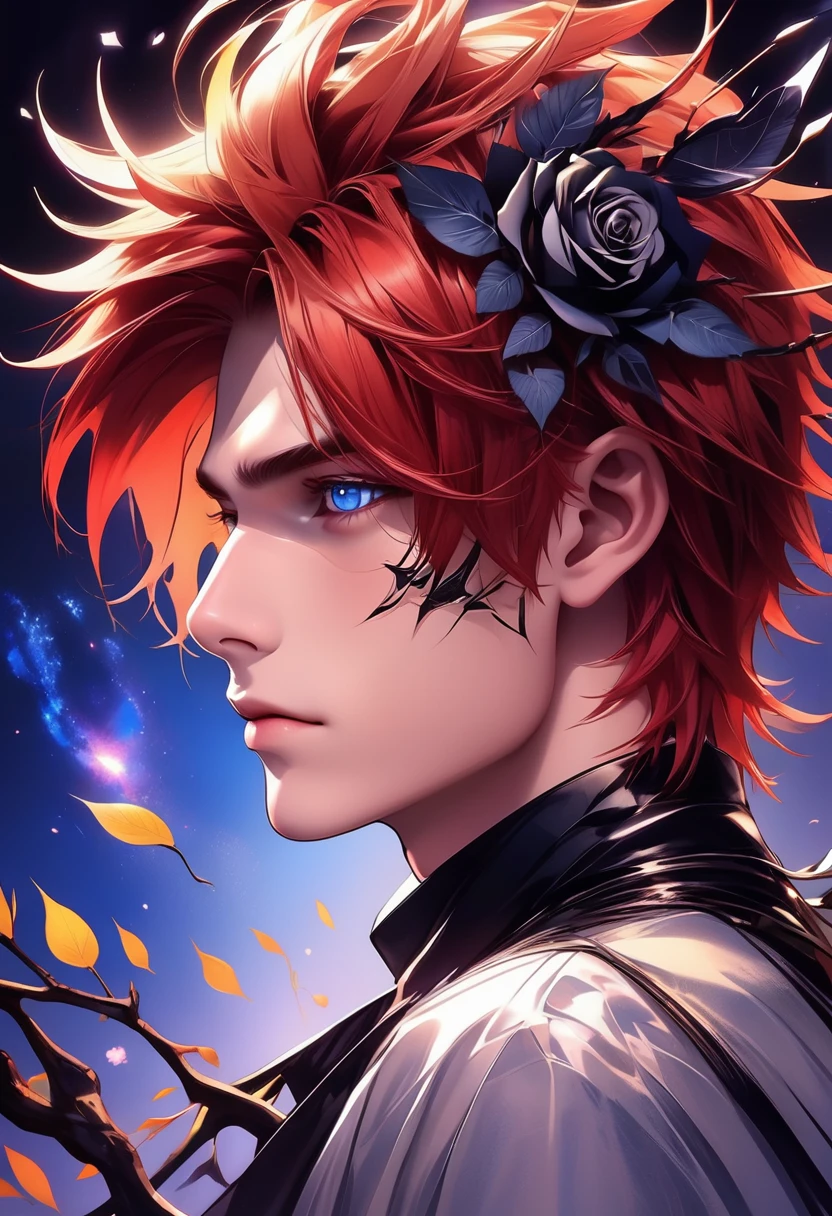 Imagine the side profile of an 18 y boy with short tousled red hair and blue round eyes with a straight nose, thin lips, long forehead tied up with black roses and thorns that imprisoned his body