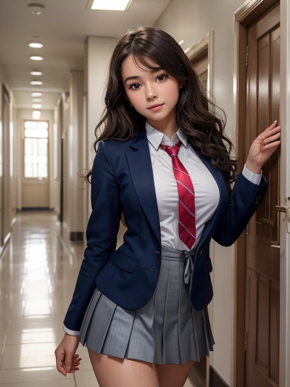 8k, of the highest quality, the real image, intricate details, Very detailed, ultra high resolution, depth field,(realist,realist:1.2),mesa , front shot , From the center , 1 girl, Dainty Wilder, very beautiful old girl, Innocent big ojo,、beautiful breasts:1.5、Very detailedなojo:1.2)、(beautiful breasts:1.1)、wavy fur、Curly hair、hits、, Perfect skin, White skin, neckline, tight waist, slightly reddish, alone、 (Looking at the audience)、a slight smile、((school_uniform),(dark blue blazer), (White shirt、Wear a tie), (gray pleated skirt), (sculpture installation :1.1))、High school Hallway