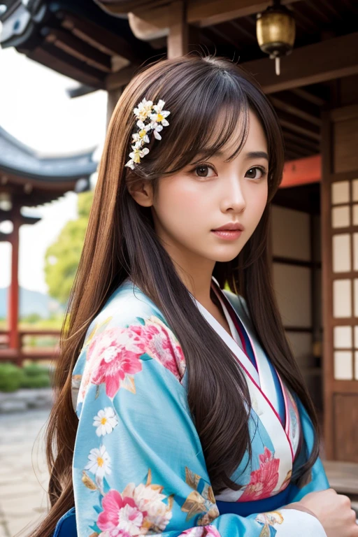 1girl, solo, long_hair, looking_at_viewer, brown_hair, hair_ornament, photoshop_(medium), original, brown_eyes, flower, upper_body, japanese_clothes, outdoors, day, hair_flower, kimono, blurry, lips, floral_print, realistic, architecture, east_asian_architecture, shrine, photo-referenced