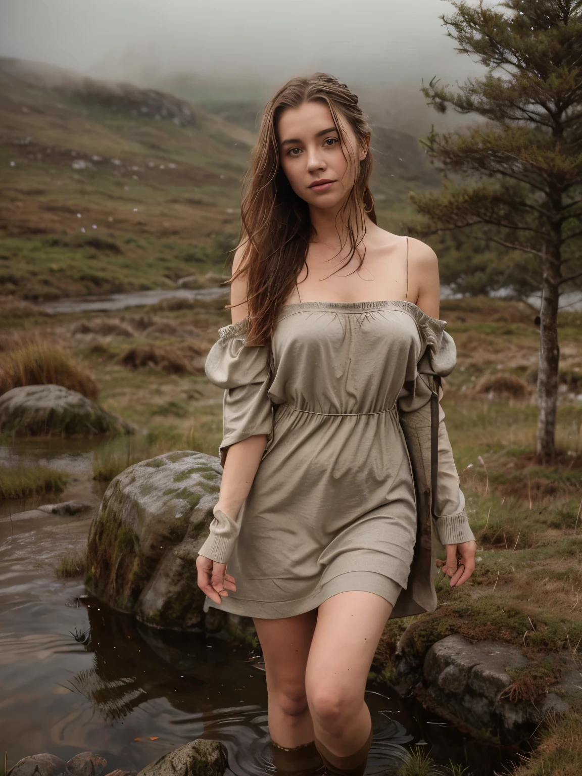 **A vivid and evocative scene featuring a beautiful 19-year-old Irish girl drenched by gentle rain, walking gracefully through the misty Connemara moor. She is dressed in dirty, torn clothes, including a long Irish dress and a sweater, with her attire soaked through. The rain-soaked fabric enhances the sensory experience of the scene, with droplets clinging to her and creating a texture of wetness. The ethereal ambiance of the moor and her resilient yet graceful presence amidst the natural beauty of the landscape are captured with enchanting allure. Her wavy ginger hair, shoulder-length and tousled by the wind, frames her face, while her gray eyes and pale skin with light freckles add to the mystical Irish vibe. The detailed setting includes muddy ground, scattered rocks, mist, and raindrops on leaves. The stormy sky is overcast with gray clouds, and the Connemara mountains provide a dramatic backdrop. The scene is depicted in high detail with natural lighting, capturing the complex textures and atmosphere of the moor, featuring wet grass, puddles, and peaty soil. The color palette includes gray, green, brown, white, black, yellow, blue, purple, red, orange, and tan, reflecting the varied natural elements like moss, heather, bracken broom, gorse, granite, quartz, and schist.** - Dirty, torn clothes - Long Irish dress - Sweater - Wet fabric - Mud - Rocks - Mist - Rain droplets - Moss - Heather - Grass - Puddles - Raindrops on leaves - Stormy sky - Wet hair - Damp earth - Gray clouds - Overcast - Mountain slopes - Rolling hills - Stone walls - Peaty soil - Bracken broom - Gorse - Granite - Quartz - Schist - Gray - Green - Brown - White - Black - Yellow - Blue - Purple - Red - Orange - Tan