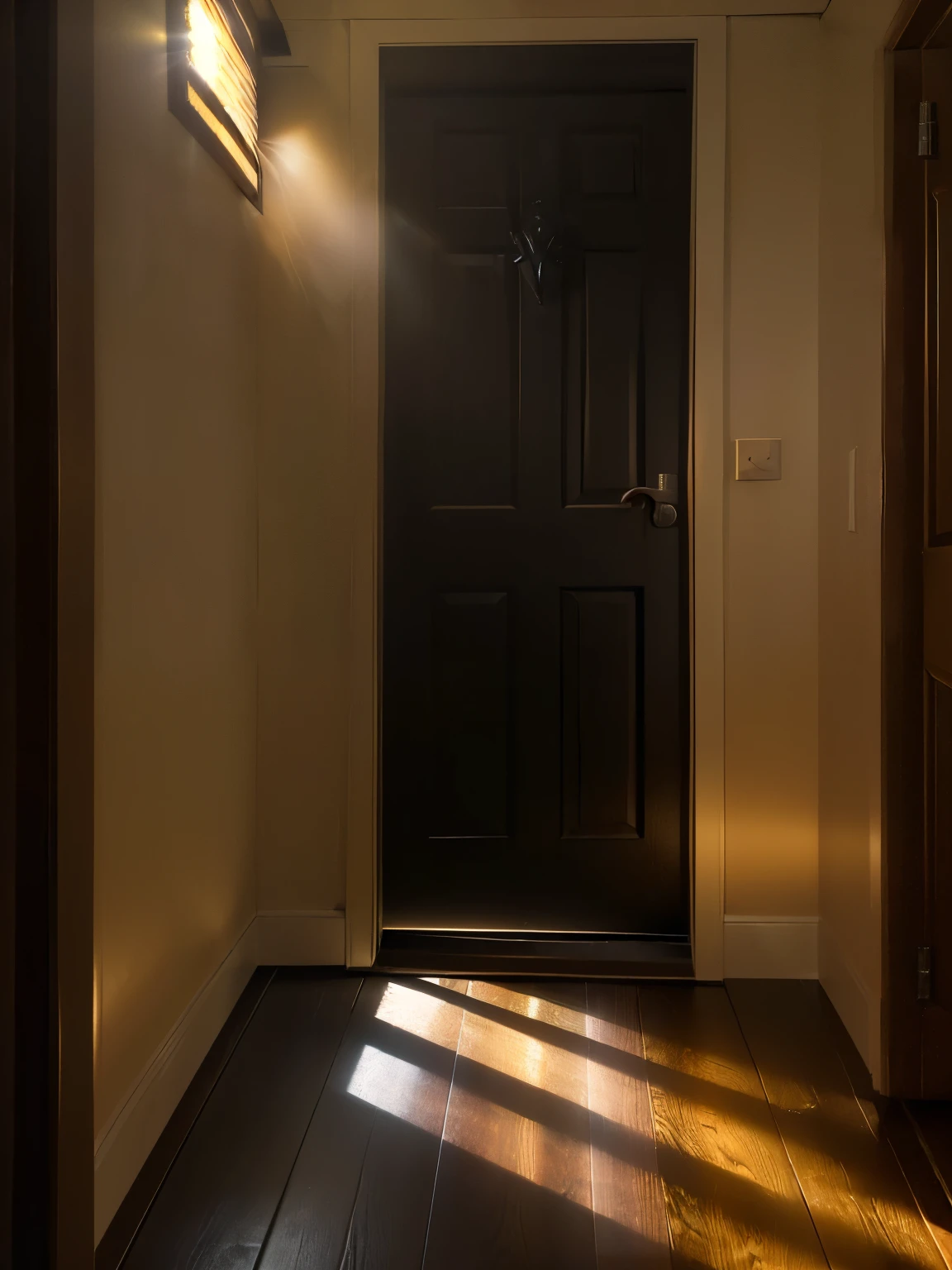 (masterpiece:1.2, best quality:1.2), (1girl), professional lightings, cinematic lightings, 8k wallpaper, (((1 door))), indoor, (((view the door from outside of attic room, a little bit opened door:1.1, wooden floor, a shaft of light from the bit rack opened by the door:1.3, a narrow beam of light from the bit rack opened by the door:1.3))), (((dark atmosphere, lights off & dark hallway))), close up angle, zoom up angle, front view,