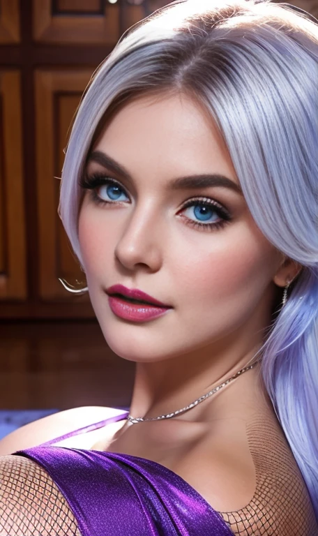 (Masterpiece, Top Quality, Best Quality, Official Art: 1.2), (1 woman), Full portrait of the most beautiful, sexy ethereal woman with snow-white hair, pastel highlights, framing a face of extreme detail and elegance. Frosty blue eyes are adorned with blue eyeshadow, complementing the blue jewels on her forehead. Long lashes and double eyelids are accentuated with dark purple mascara. Rosy cheeks add a touch of warmth to her ethereal beauty, and her glossy skin shines in the cinematic light, highlighting each and every realistic pore and wrinkle. Full sexy lips, painted with purple lipstick, complement,highly detailed  face, detailed face, perfect proportions, well-proportioned body of six heads, huge breasts, thin waist, navel, big butt , crotch gap, large thighs,She is wearing A metallic high-Slit Tube Dress,fishnet stockings,high heel