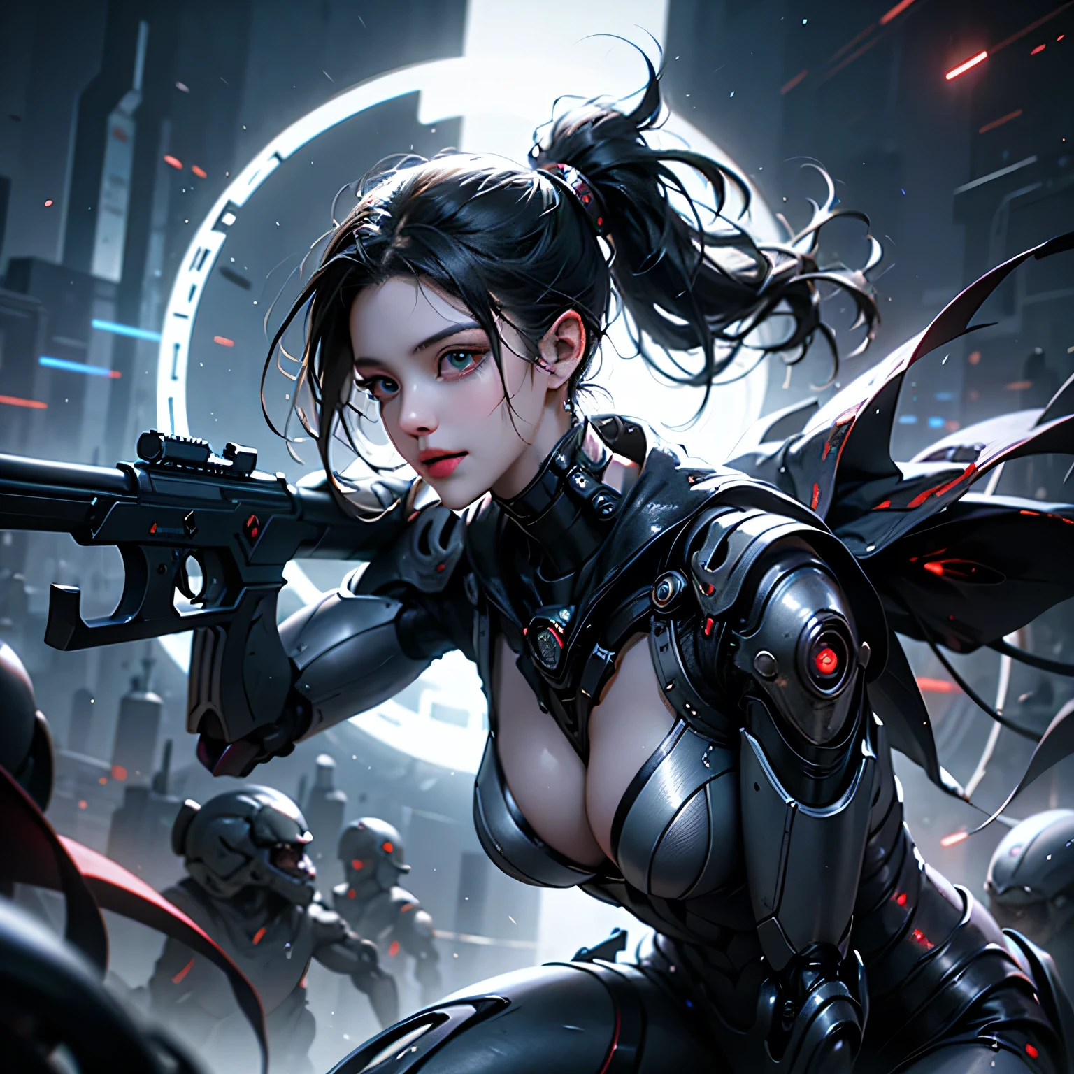 meishaonv, gun, mecha musume, magic circle, detailed cyberpunk cyborg girl,1girl,beautiful detailed eyes,beautiful detailed lips,extremely detailed face,long eyelashes,intricate machinery,chrome metal body parts,glowing neon accents,dramatic battle scene, futuristic cityscape background, hyperrealistic, cinematic composition, dramatic action pose, science fiction,award winning digital art,photorealistic,cinematic lighting,dramatic shadows,highly detailed,8k,masterpiece, Perfect Anatomy、Watching the audience、A confident smile