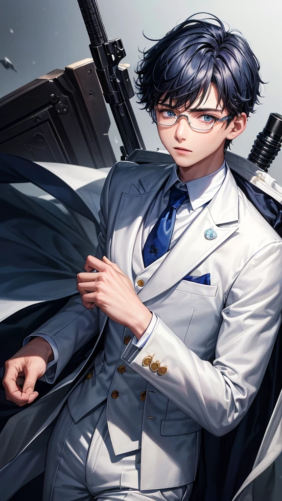 (HD), (ULTRA HD+++),(masterpiece), best quality, {{detailed image}}, half image, {{18 years old boy with dark blue short hair}}, wear glasses, white eyes mixed with blue, wearing a white suit, hold a assault riffle in his hands, blood stains on his face and on his white suit, white background.