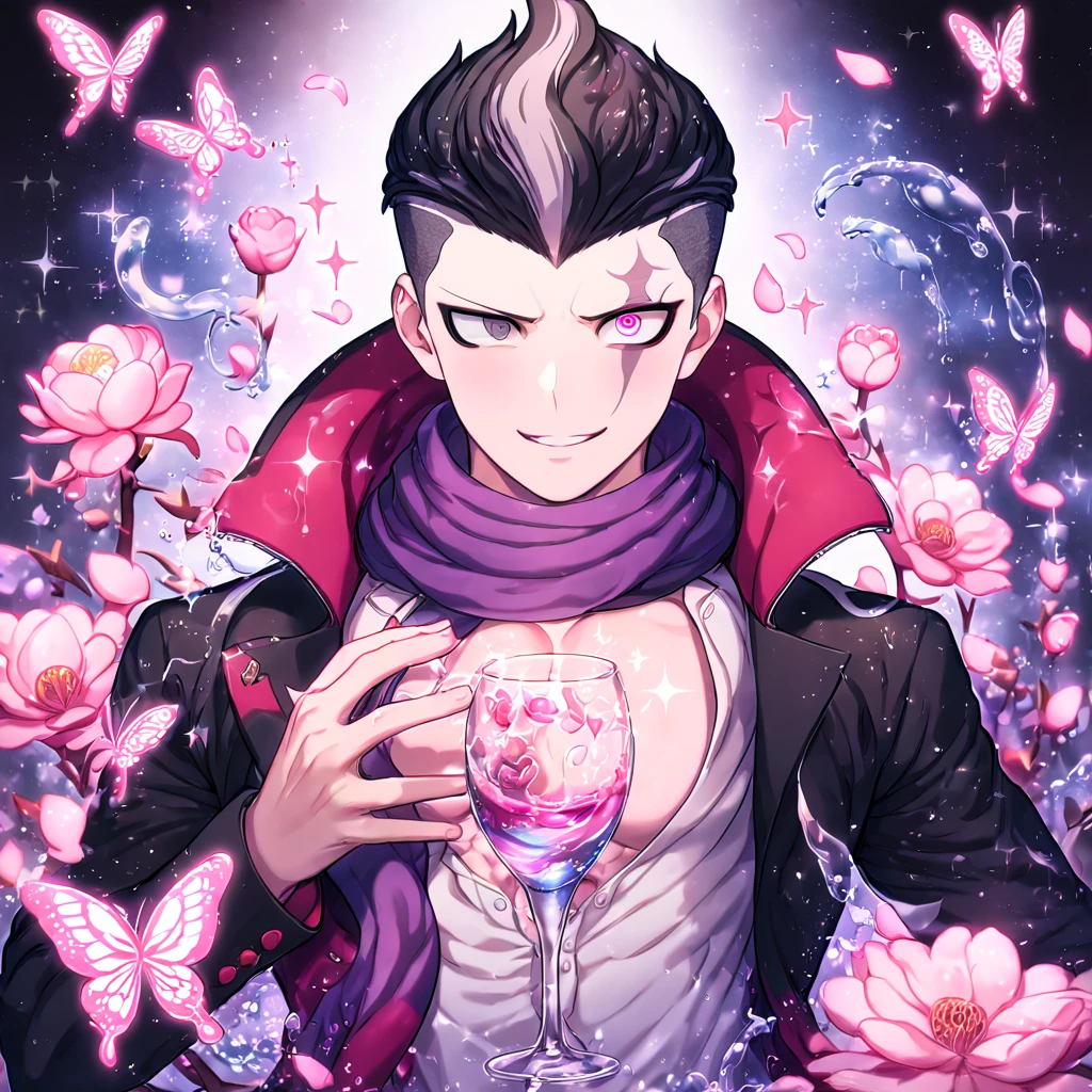 absurdres, highres, ultra detailed, HDR, master piece, best quality, Tanaka Gundham, black hair, heterochromia, right eye is red, left eye is gray, Danganronpa, solo, sexy man, handsome, sensual, horny, smile, black coat, white shirt, purple scarf, water, fantasy, magical, shining, pink flowers, pink blossoms, pink petals, pink butterflies, sparkling glass