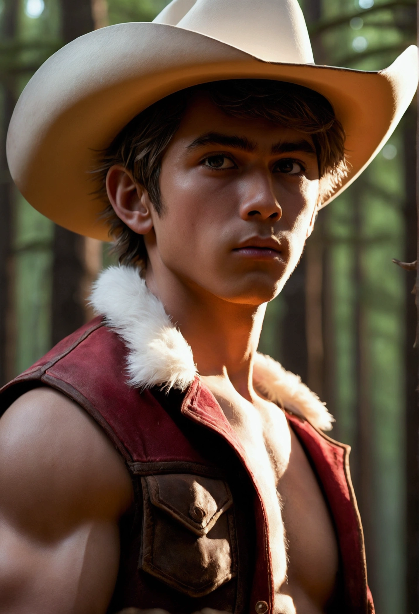 best qualityer, ultra high resolution,1furry boy, standing alone,detailedeyes, volumetric lighting, incredible, fine-details, cowboy shot, layer , white fur, Eyes red, white sclera, shiny pupils, Bright Atmosphere, muscular, trunk, from behind Looking at the viewer Cowboy hat realistic background of a forest with full moon