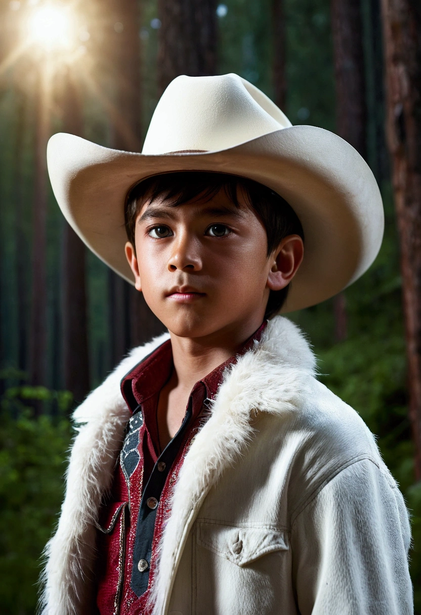 best qualityer, ultra high resolution,1furry boy， standing alone，detailedeyes, volumetric lighting, incredible, fine-details, cowboy shot, layer , white fur, Eyes red, white sclera, shiny pupils, Bright Atmosphere, muscular, trunk, from behind Looking at the viewer Cowboy hat realistic background of a forest with full moon 