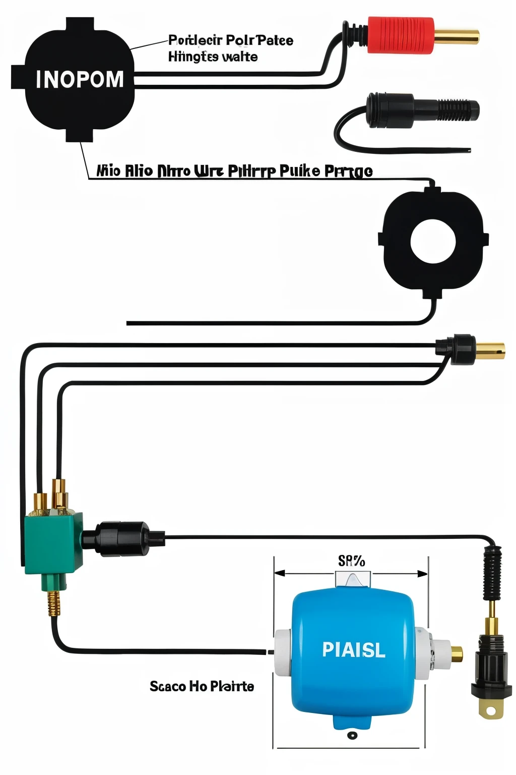 Internal Design of a Homemade Air Pump with 4 Outlets. show me each part separately in the picture and then assembled.
