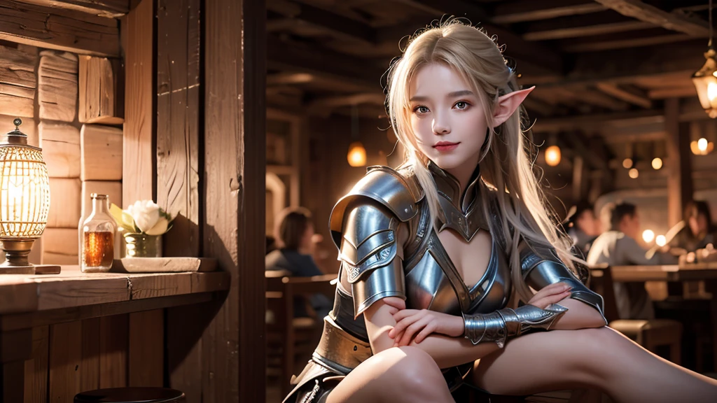 masterpiece, rest, best quality, Very detailed, Super real, 16K, high resolution, Bistro，（individual），Beautiful female elf，Openwork leather armor，回声 is sitting in a tavern, Smiling Face，Relax，Soft lighting