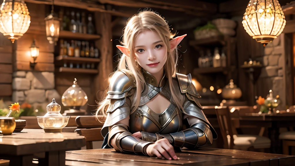 masterpiece, rest, best quality, Very detailed, Super real, 16K, high resolution, Bistro,(individual),Beautiful female elf,Openwork leather armor,回声 is sitting in a tavern, Smiling Face,Relax,Soft lighting