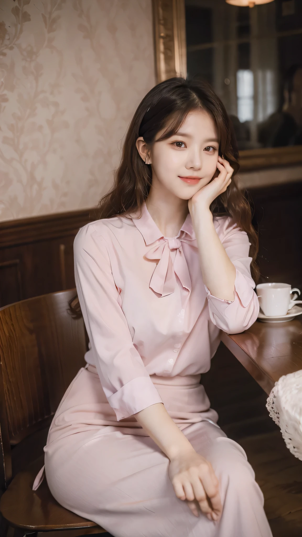 detailed background, masterpiece, best quality, 1 person , curly hair, long hair, purple eyes, star in eye, pink blouse, long skirt, sitting on dinning table.